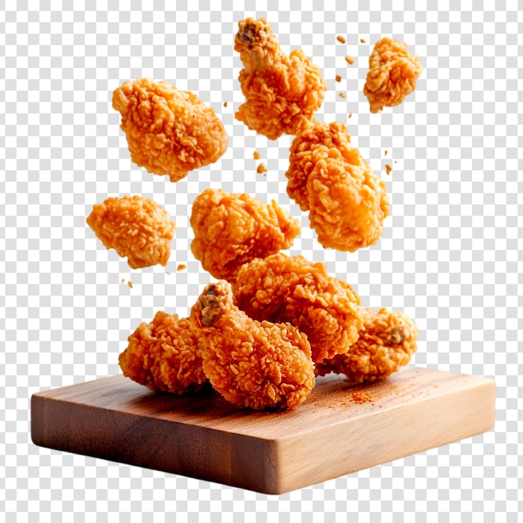 PSD alas de pollo fritas y crujientes cayendo sobre una tabla de madera un bocadillo delicioso