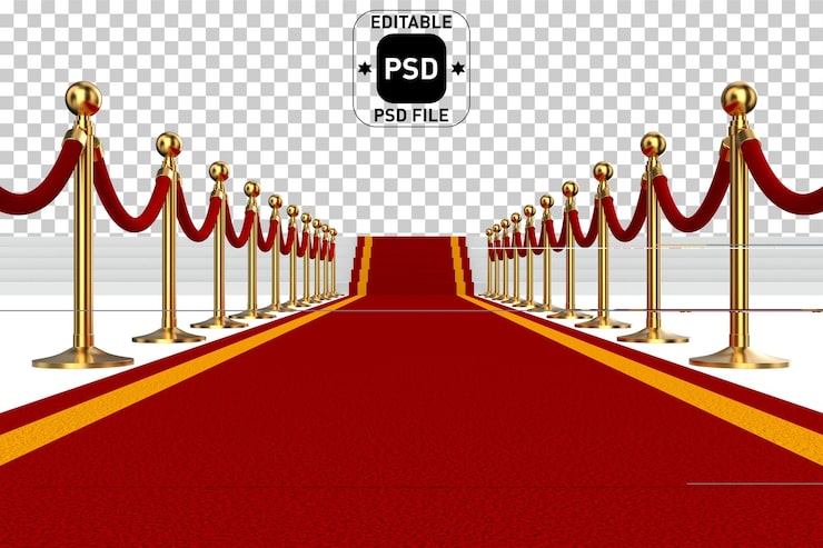 PSD alfombra roja y barrera de cuerda sobre fondo blanco. ilustración 3d aislada.