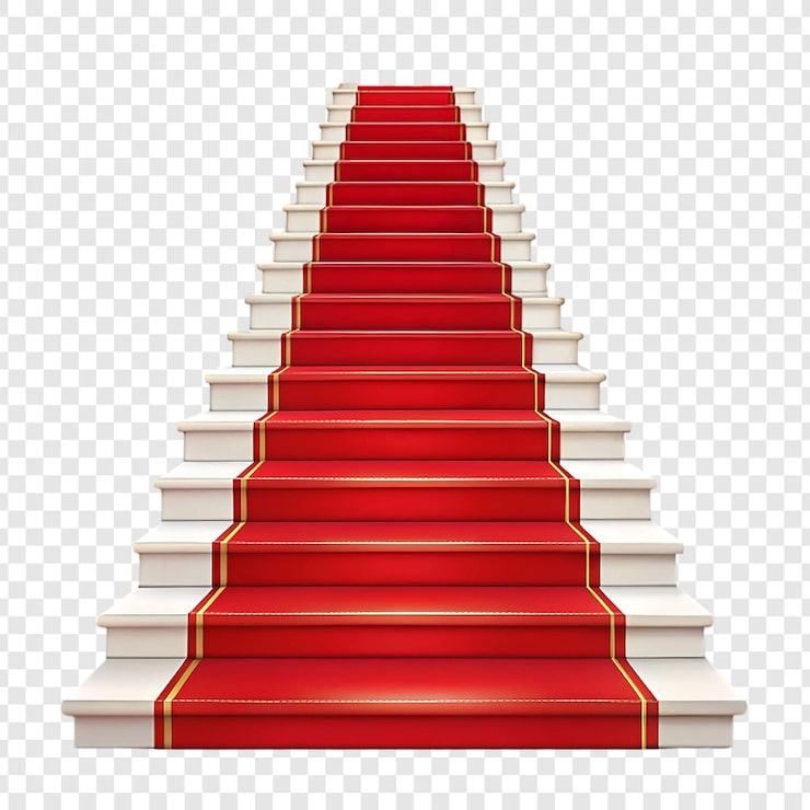 PSD alfombra roja cubriendo la escalera, aislada sobre fondo blanco