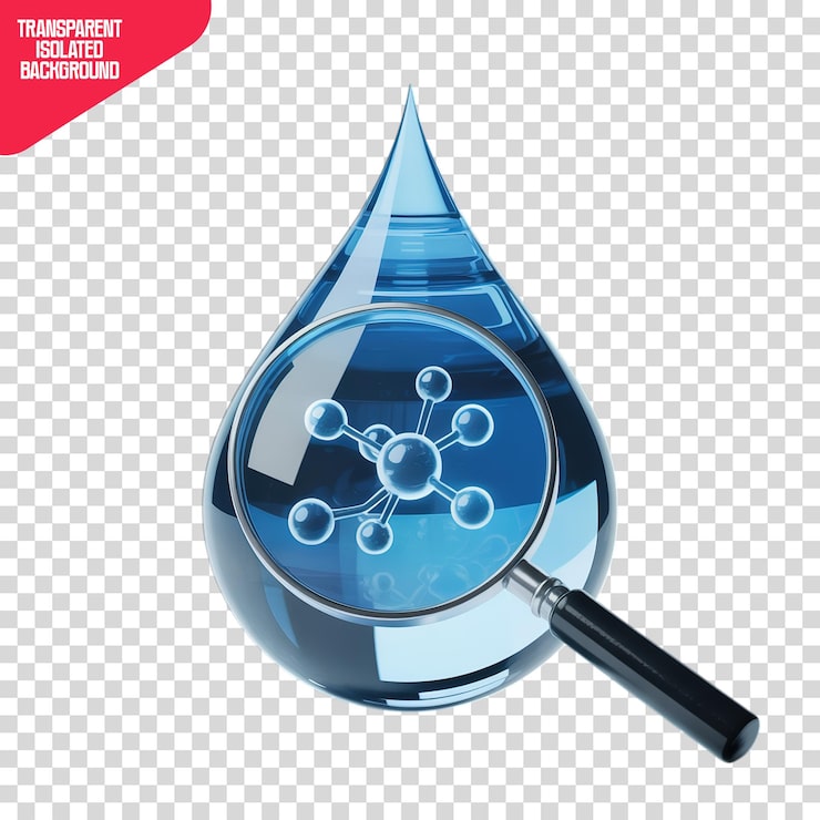 PSD analyse de goutte d'eau, molécule et loupe sur fond transparent
