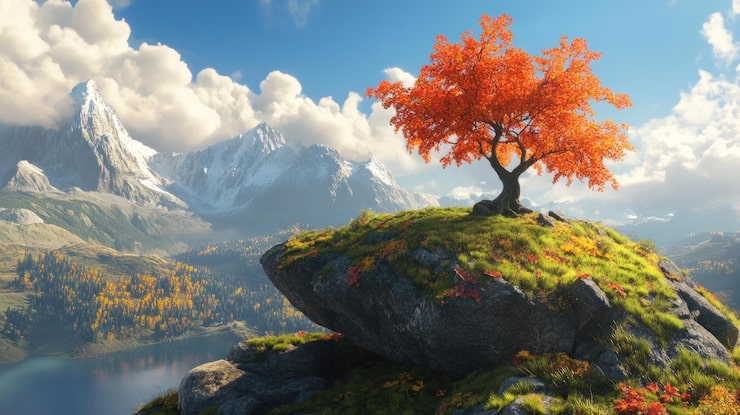 PSD un arbre d'automne vibrant sur un paysage rocheux