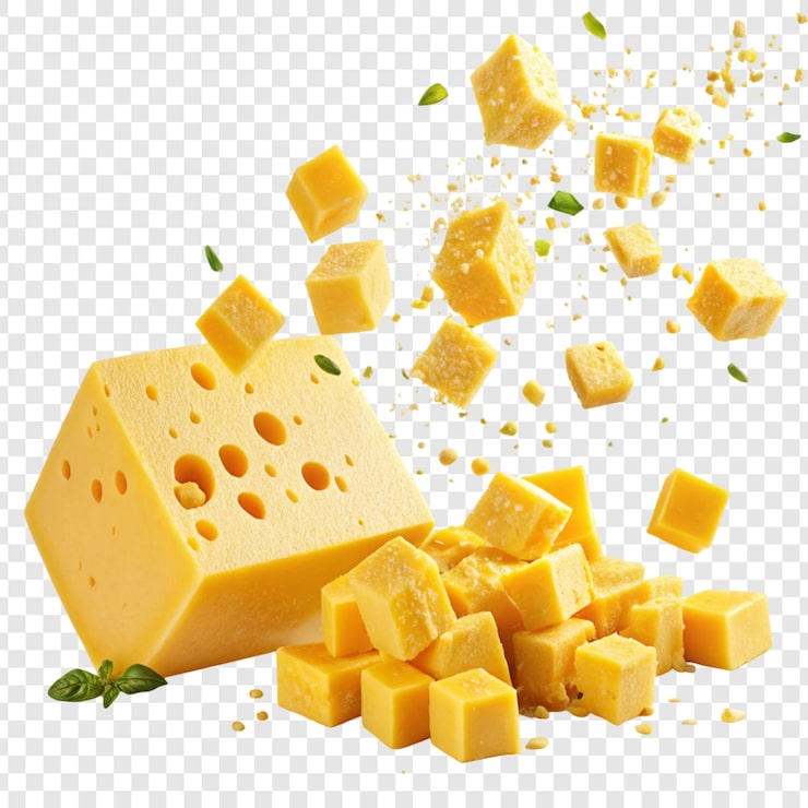 PSD un bloc de fromage qui a été coupé en morceaux