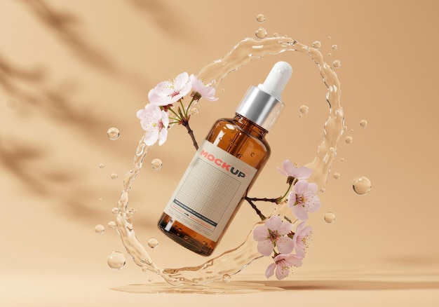 PSD bouteille à gouttelettes avec étiquette de fleurs