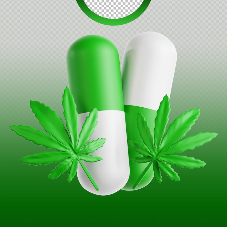 PSD capsule di cbd con foglie di cannabis, rendering 3d