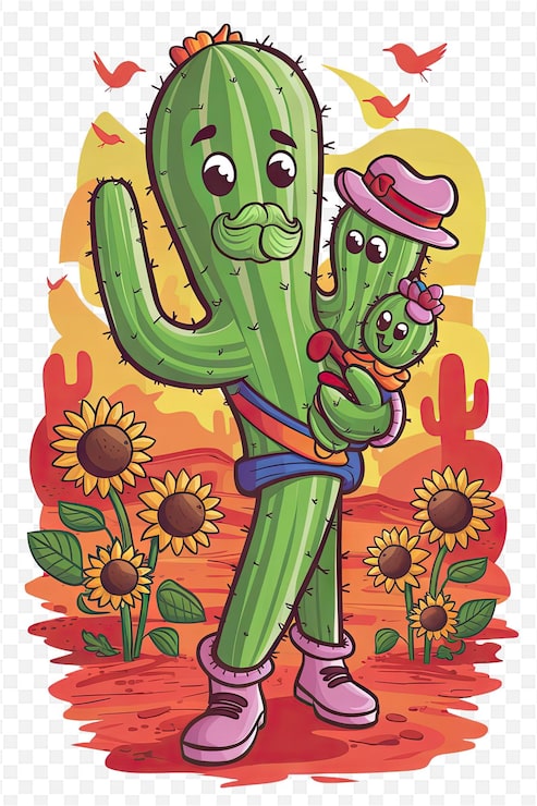 PSD una caricatura de un cactus con un bebé en la espalda