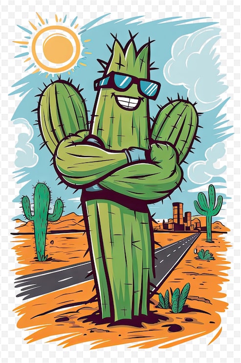 PSD una caricatura de cactus con gafas de sol y gafas de sol