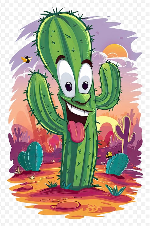 PSD una caricatura de un cactus con una sonrisa en su cara