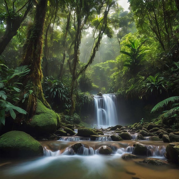 PSD una cascada en la selva está rodeada de vegetación exuberante