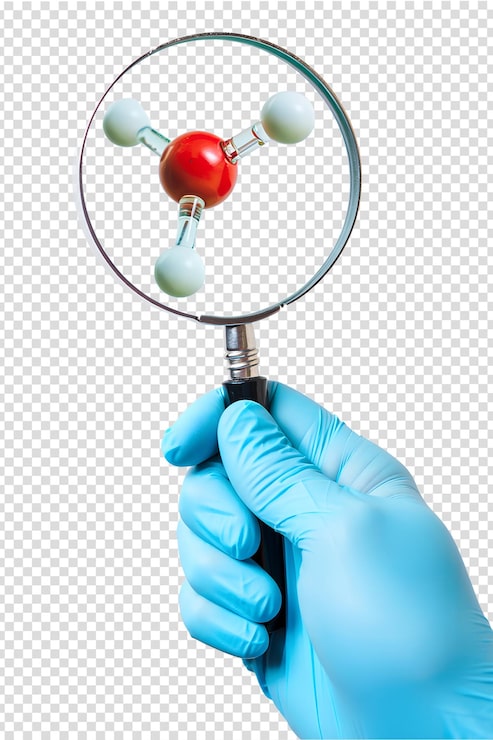 PSD científico analizando modelo molecular con lupa, concepto de investigación química aislado