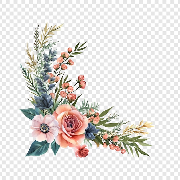 PSD composition florale d'angle élégante avec des roses et un feuillage délicat