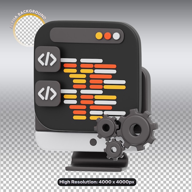 PSD concept de programmation et de développement 3d avec code et engrenages