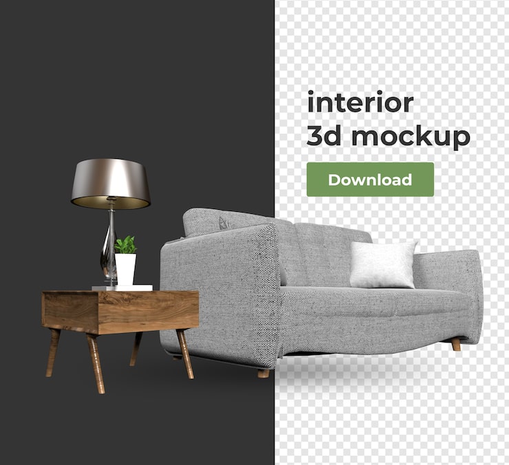 PSD conjunto de decoración de interiores en renderizado 3d