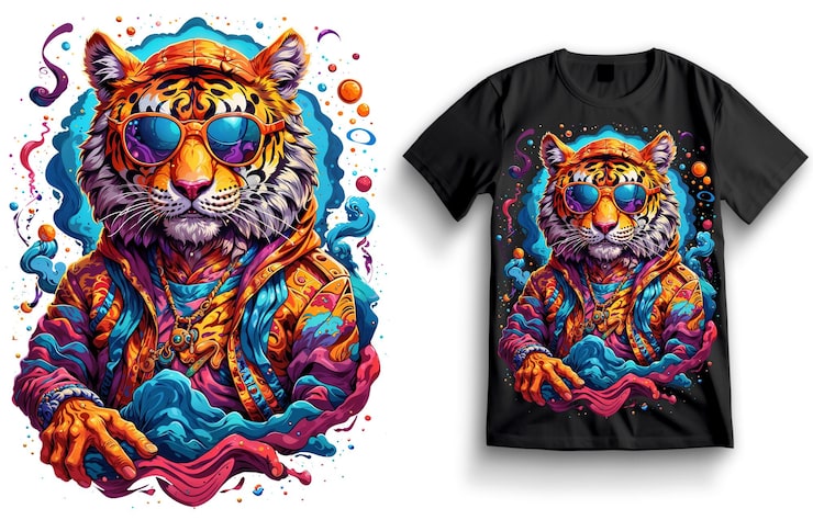 PSD cool tiger con gafas de sol ilustración colorida impresión de diseño de camiseta para dtf