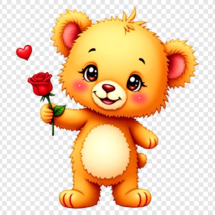 PSD cute cartoon-bär mit roter rose, isoliert auf durchsichtigem hintergrund