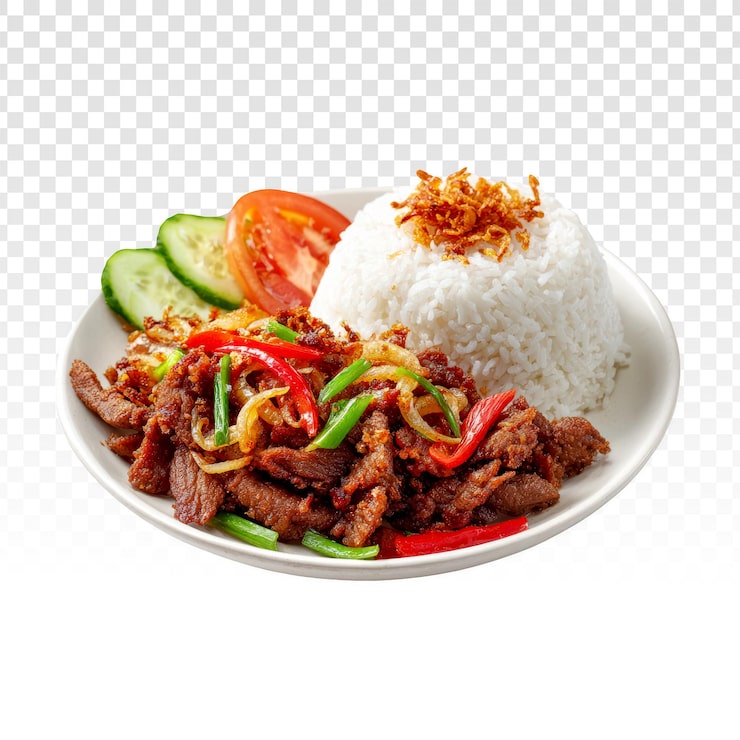 PSD daging sapi tumis gurih dengan nasi putih pulen dan sayuran segar