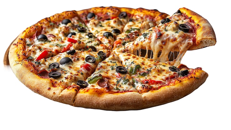 PSD deliciosa pizza con mozzarella, aceitunas y pimientos en un fondo transparente