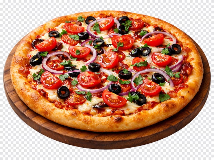 PSD deliciosa pizza con tomates frescos, aceitunas y cebollas sobre tabla de madera.