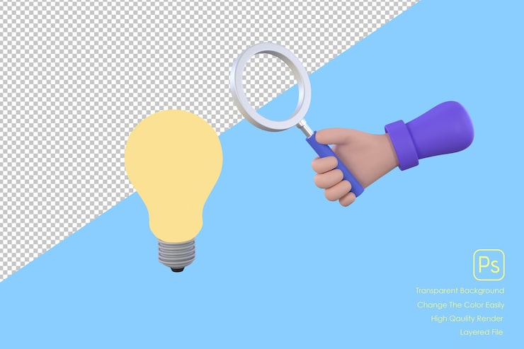 PSD descubriendo la imagen de la ideamano sosteniendo la ilustración de la lupa