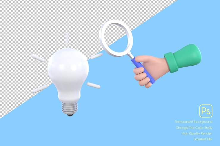 PSD descubriendo la imagen de la ideamano sosteniendo la ilustración de la lupa