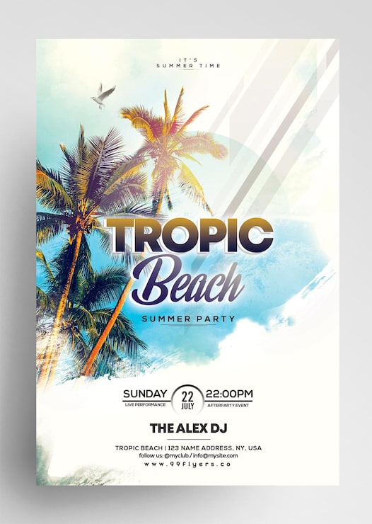 PSD design de panfleto para o evento da tropic beach party