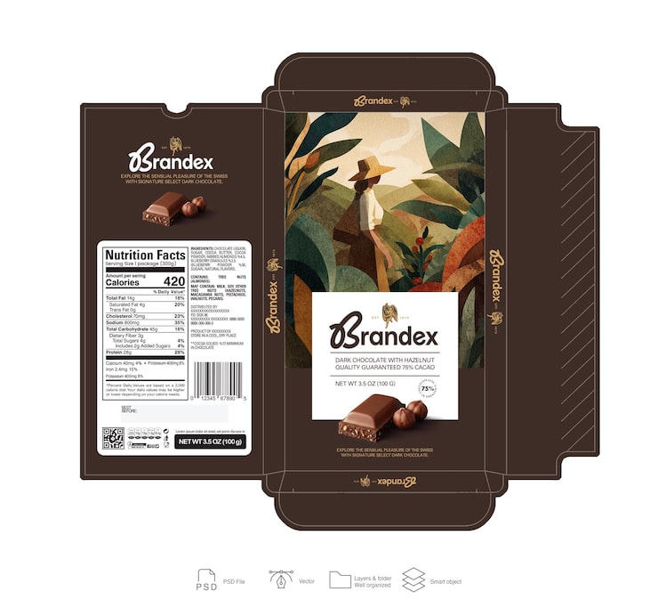 PSD design d'emballage de tablette de chocolat noir avec informations nutritionnelles