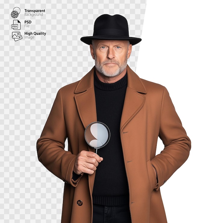 PSD detective con lupa en un abrigo elegante sobre un fondo transparente