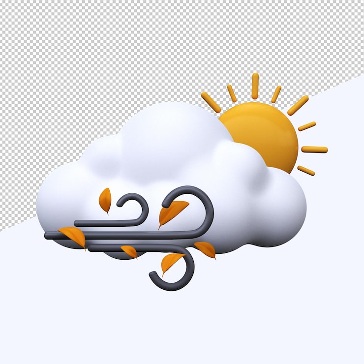 PSD dia ensolarado e ventoso ícone de previsão do tempo sinal meteorológico 3d render