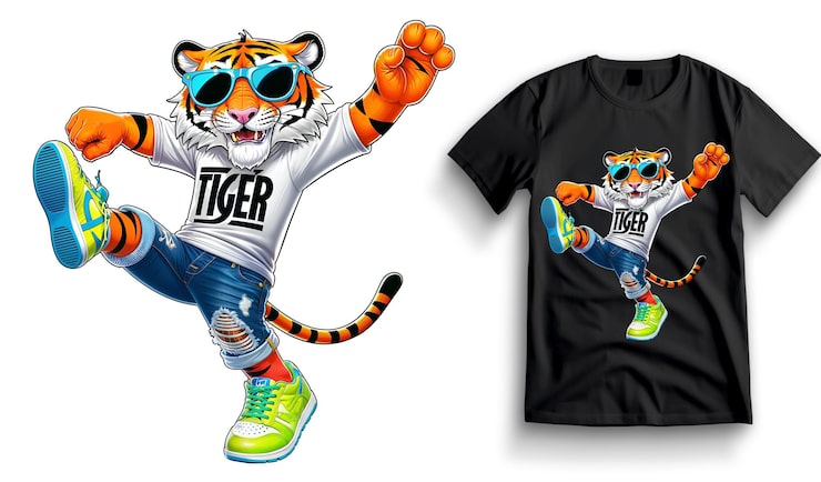 PSD diseño de camisetas de dibujos animados de tigre bailando para dtf