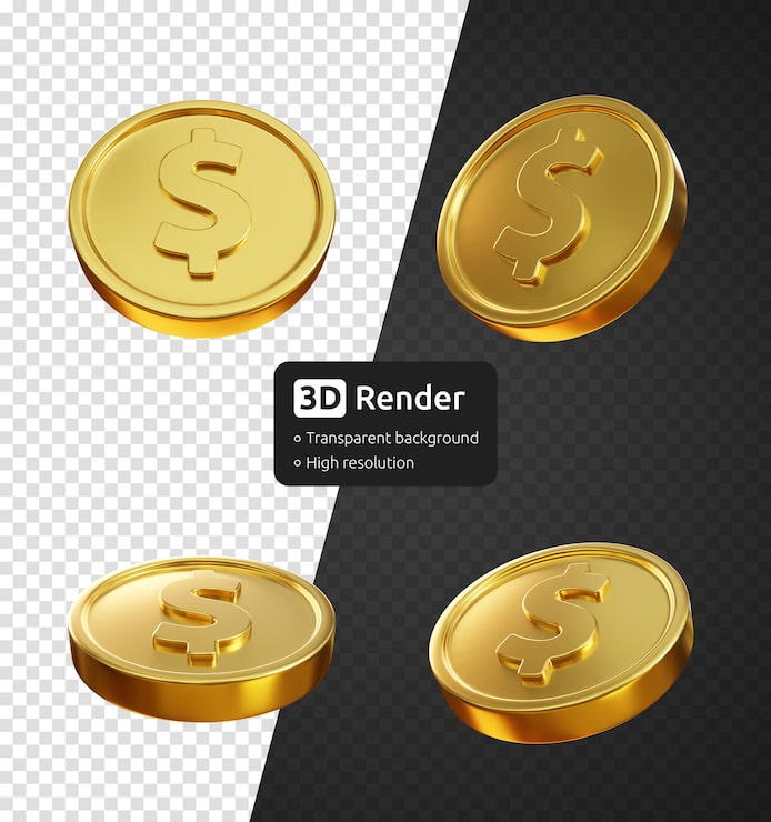 PSD dólar, moneda de oro, 3d, render, aislado