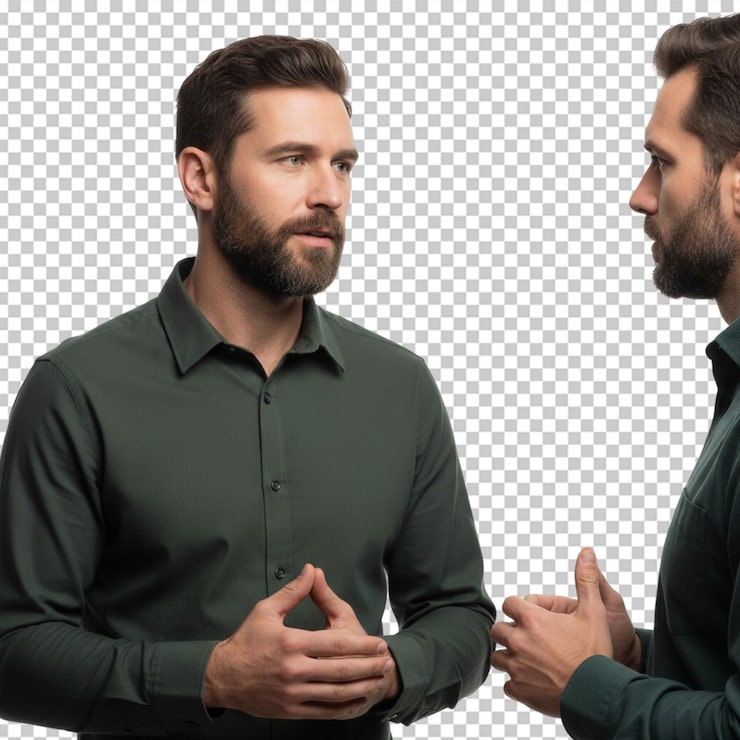 PSD dos hombres barbudos con camisas verde oscuro conversando
