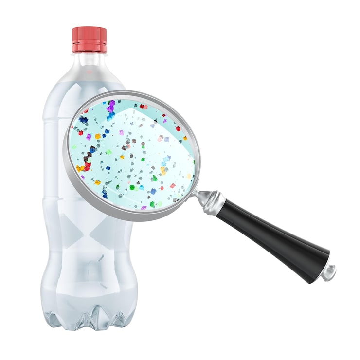 PSD eau en bouteille avec loupe montrant des particules de microplastique, rendu 3d
