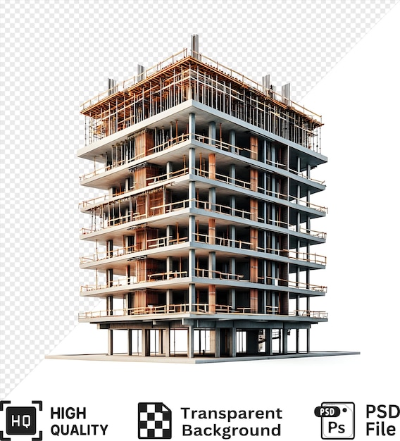 PSD edifício de apartamentos de concreto em construção isolado em fundo transparente