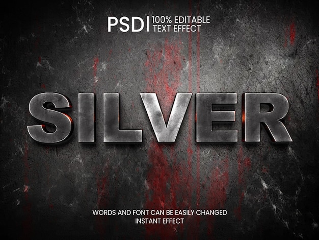 PSD efeito de texto grunge metálico prateado editável