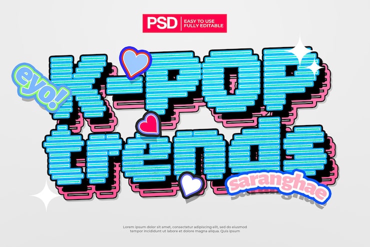 PSD effet de texte modifiable de dessin animé de tendances kpop
