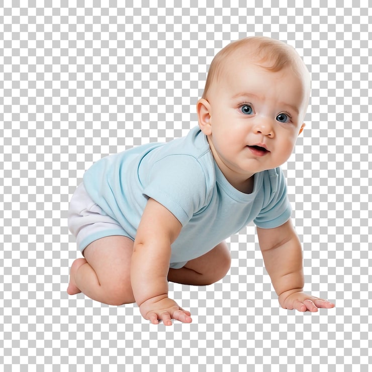 PSD ein baby kriecht mit einem blauen hemd auf dem boden