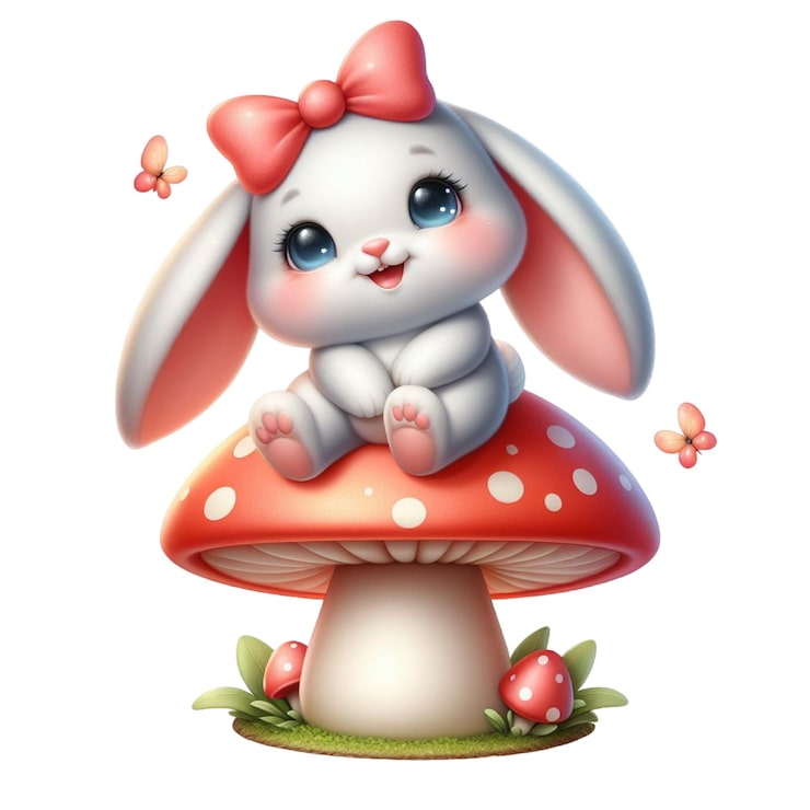 PSD ein kaninchen mit einem rosa bogen sitzt auf einem pilz