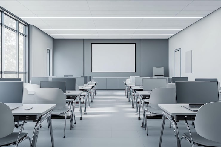 PSD ein modernes klassenzimmer mit einem großen projektor, bildschirm, computern und schreibtischen