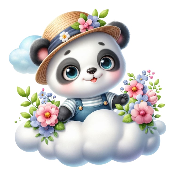 PSD ein panda-bär mit einem hut und blumen darauf