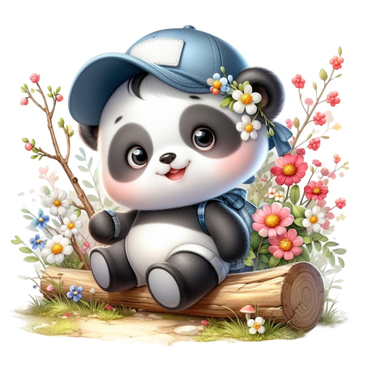 PSD ein panda-bär mit einem hut und einer blauen mütze sitzt auf einem baumstamm mit blumen und einem stamm
