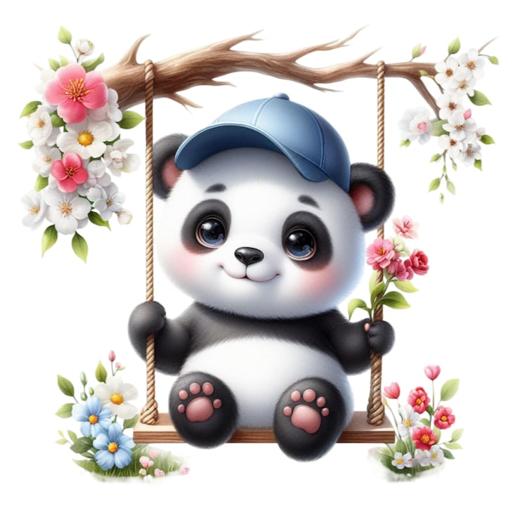 PSD ein panda sitzt auf einer schaukel mit blumen und einem hut darauf