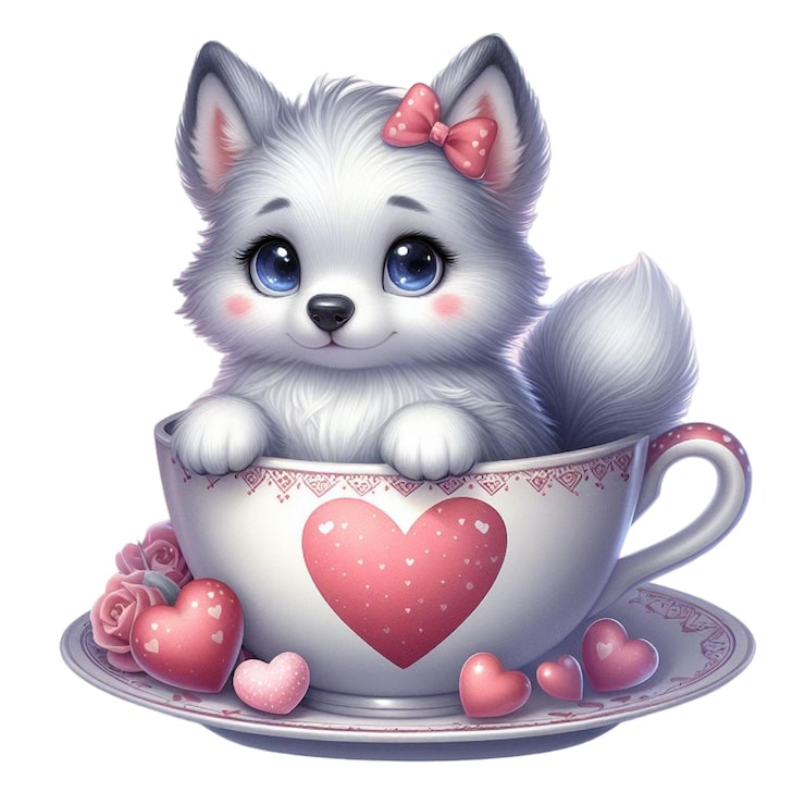 PSD ein süßes welpe mit einem bogen sitzt in einer tasse tee