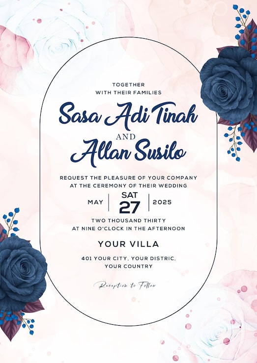 PSD une élégante invitation de mariage florale avec des roses bleu marine