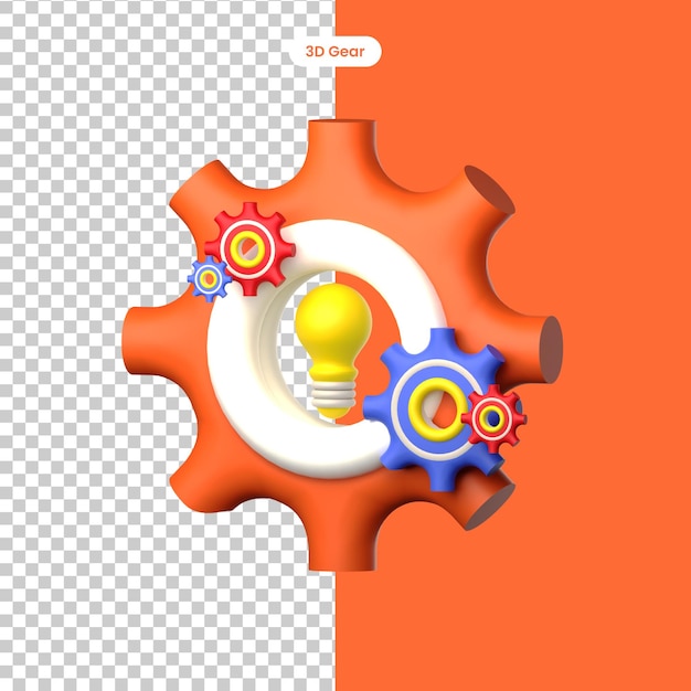 PSD engrenagem de ilustração 3d com objeto de lâmpada