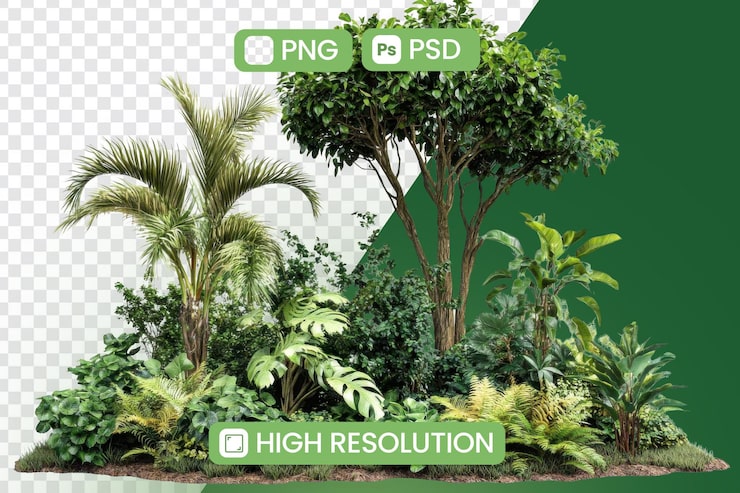 PSD ensemble de végétation luxuriante sur le thème d'un jardin tropical, haute résolution