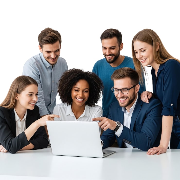 PSD equipe diversa colaborando em laptop em um ambiente de negócios