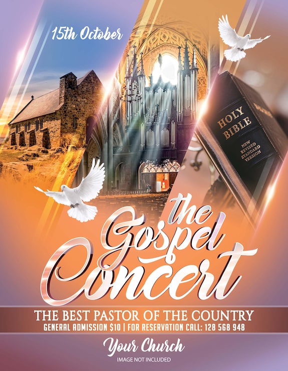 PSD erhebender gospelkonzert-event-flyer mit heiliger bibel und kirchenmotiven