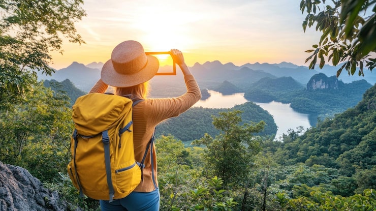 PSD un excursionista capturando una vista del atardecer sobre las montañas