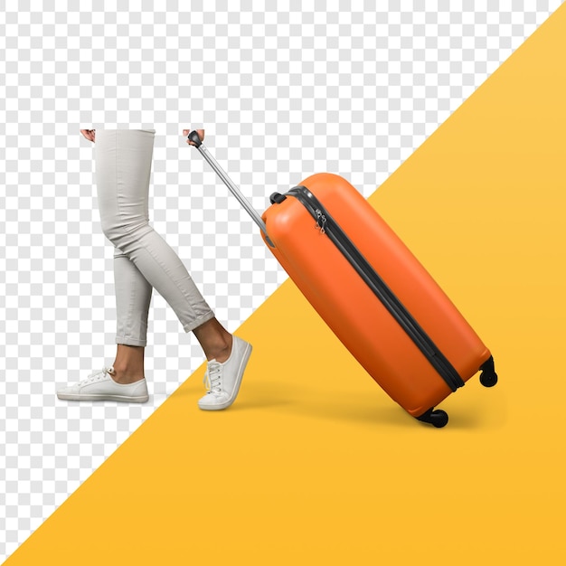 PSD une femme marche avec une valise.