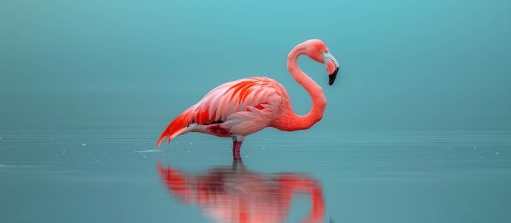 PSD flamingo rosa de pé em águas calmas