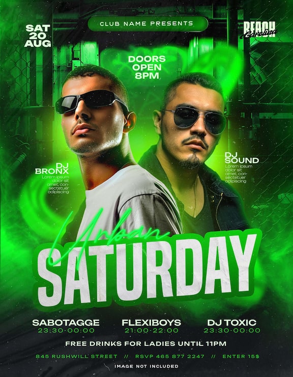 PSD flyer de festa dj urbana de sábado com tema verde neon